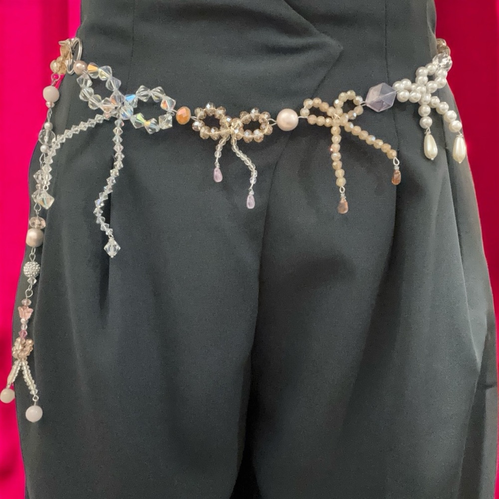 One of a Kind Chain Belt with Ribbon, Vintage Beads, Upcycled Fairycore Style